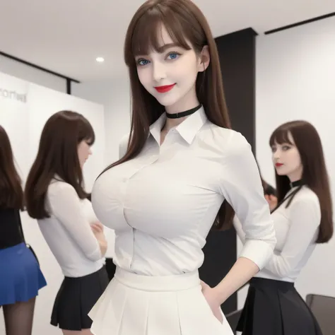 100 Girls,Crowded, Long Hair, Brown Hair, No sleeve, sexy, A line of girls, Girls waiting in line, Girls only, Sisters, ((Tight ivory white shirt、mini skirt))，Full body photo:1.9， Adorable， smile， Slim face, the body is slim， Short Brown Hair， 32K, masterp...