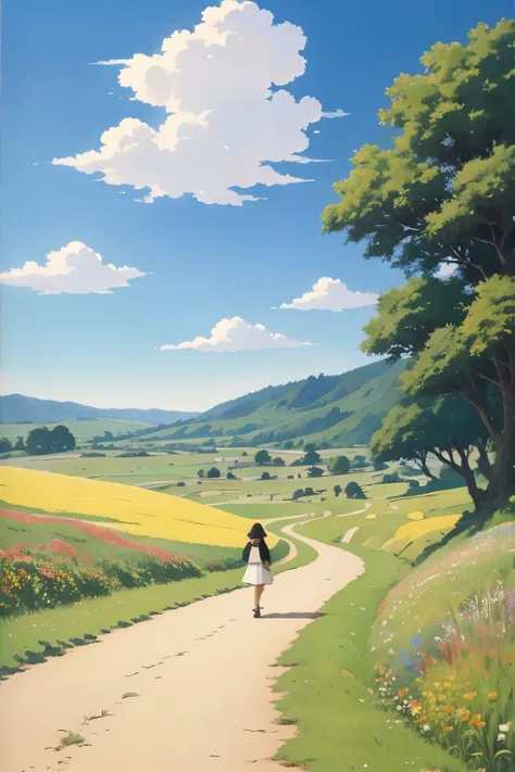 realistic, real, beautiful girl walking on the road,,beautiful and amazing landscape oil painting studio ghibli hayao miyazaki p...