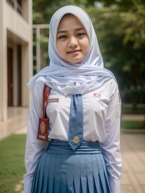 beautiful indonesian high school girl , (white hijab), young, seragamsmahijab, school, waist up shot, realistic, photorealistic,...