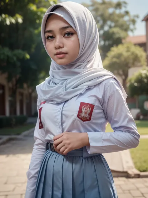 beautiful Indonesian High school girl , (white hijab), young, seragamsmahijab, school, waist up shot, realistic, photorealistic, photo-realistic:1.37, (best quality,8k,highres,masterpiece:1.2),ultra-detailed,HDR,UHD,studio lighting,extreme detail descripti...