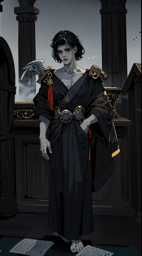 1man, alone, solo, lonely, black hair, mid lenght hair, cheveux mi-courts, short hair, black eyes, insister sur les reflets des yeux noirs, well detailed eyes, well lit face, cheveux noirs, black costume, black tuxedo, costume noir, classy outfit, black cl...