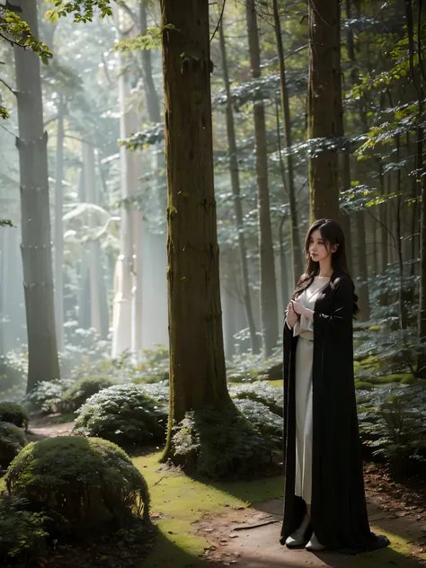 A serene night scene in a dense forest, with a beautiful witch standing in the middle. The witch wears a simple, elegant dark robe with long sleeves, blending harmoniously with the natural surroundings. Her expression is calm and thoughtful, exuding quiet ...