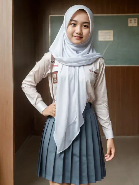 beautiful indonesian high school girl , (white hijab), young, seragamsmahijab, school, full body ,realistic, photorealistic, pho...