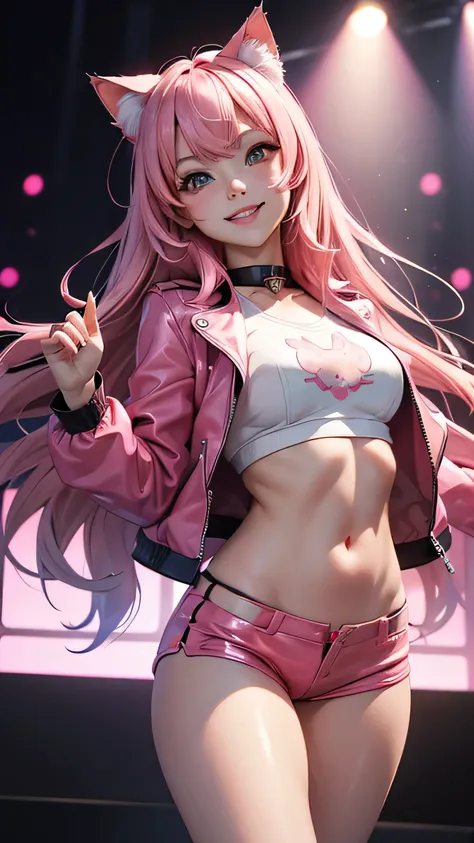 (High resolution, Upper part of the body, soft skin:1.2),(best illustration,masterpiece:1.2),ultra detailed,[(cat ears ,pink inside:1.2),vivid colors,sharp focus,portrait,studio lighting,bokeh, wearing an anime shirt, pink leather jacket, pink latex mini s...