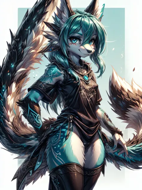 Miku Hatsune, add high definition_detail:1, blue fur,kitsune ears, tribal tattoo add_detail:1 cute high school clothes, Pretty girl, 18 year old girl, short black lycra, black metal t shirt, flirty look add_detail:3, radiant aqua iris add_detail:1, delcanz...