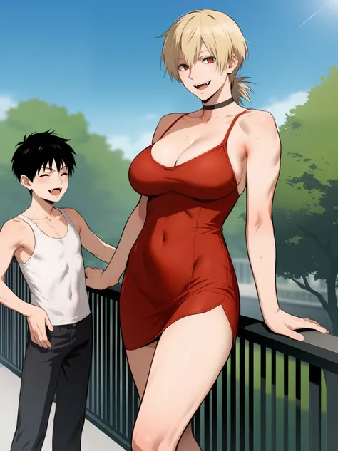 score_9, score_8_up, score_7_up,  score_6_up, source_anime, standing, hellsing, seras, blonde hair, nude, park, outdoors, sky, vampire, smirk, fangs, ikuchan, balcony, muscular male, male wearing tank top, large breasts, husband and wife, family, looking a...