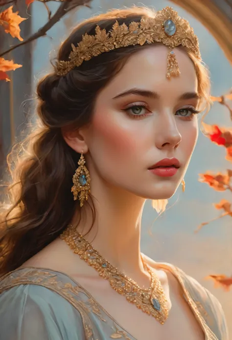 "An art nouveau style painting in soft pastel tones depicts a beautiful woman with pale eyes, detailed eyelashes and meticulously shaped eyebrows. Her face is exquisitely detailed, with a full mouth, almost pale skin accentuated by a soft blush. Her long b...