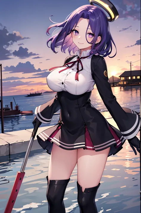 masterpiece, best quality, highres, mechanical halo, (big_breasts:1.2), black dress, neck ribbon, long sleeves, black gloves, outdoors, cowboy shot, standing, holding weapon, polearm,smile,,harbor_town_landscape,purple_halfeyes,(scornful eyes:1.4)