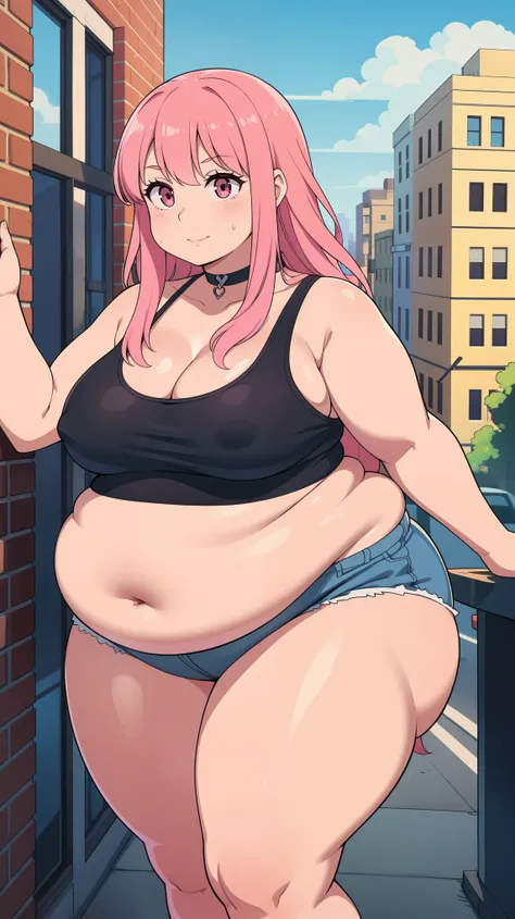 young woman, pink hair, long hair, thicc thighs, choker necklace, city, fat