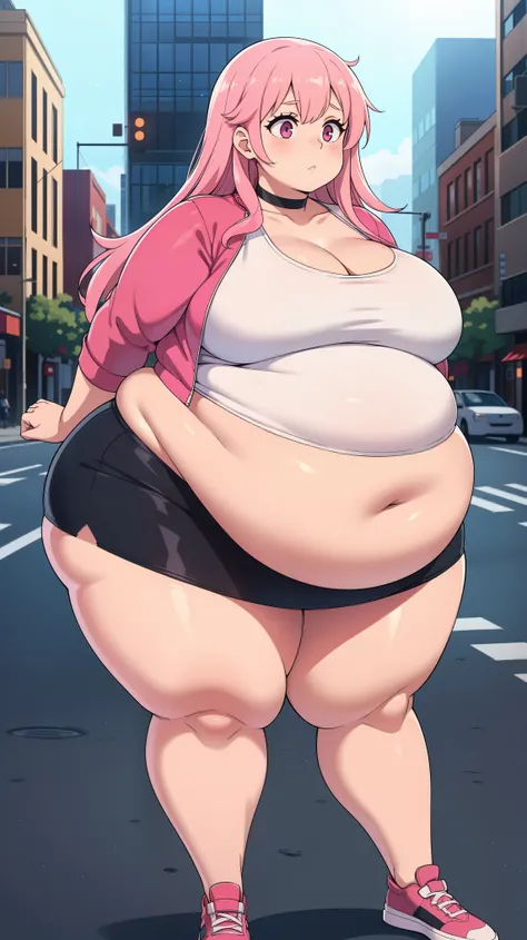 young woman, pink hair, long hair, thicc thighs, choker necklace, city, fat