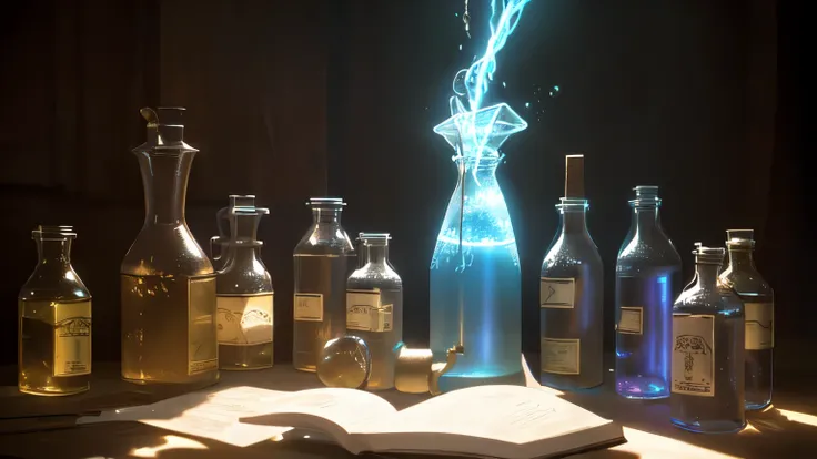 (realistic), (ultrarealism), masterpiece, best quality, old wise wizard mixing potions, moody lighting, glow, glowing, mysterious, mystical, magical, rim lighting (alchemist laboratory)