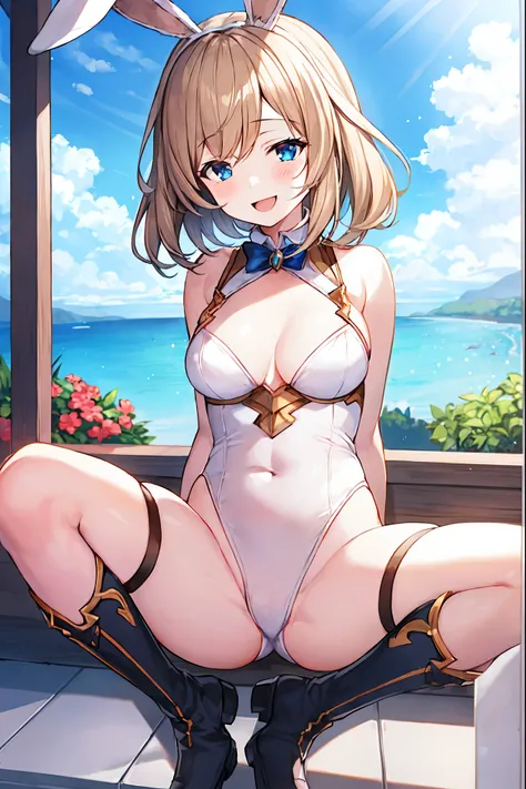 GRANBLUEfantasy,1young_teen_ girl,brown_hair,medium_bob_hair,platina_blond_hair,white_leotard,covered_crotch,thigh-highs,smile,standing,bluesky_landscape_background,slightly_spread_legs,happiness, short_gloves ,solo, r18, navel,relicbuster,short,boots,open...