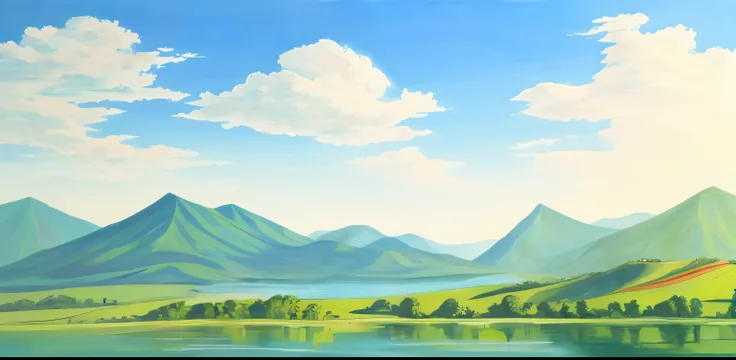 there is a painting，the scene is blue sky, white clouds, green water and green mountains.