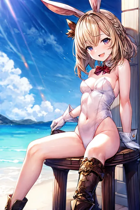 GRANBLUEfantasy,1young_teen_ girl,brown_hair,medium_bob_hair,platina_blond_hair,white_leotard,covered_crotch,thigh-highs,smile,standing,bluesky_landscape_background,slightly_spread_legs,happiness, short_gloves ,solo, r18, navel,relicbuster,short,boots,open...