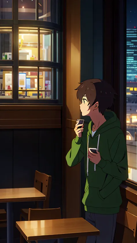 1 boy, brown hair, green eyes, hoodie, random cute face, looking at iphone, closed mouth, side shot, zoom camera, standing against wall , phone in hands, cafe, window, city lights, night room
, anime_coloring,anime_keyvisual, colorful,vivid