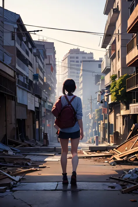 Back view、A city destroyed by an earthquake、The pain of losing a friend