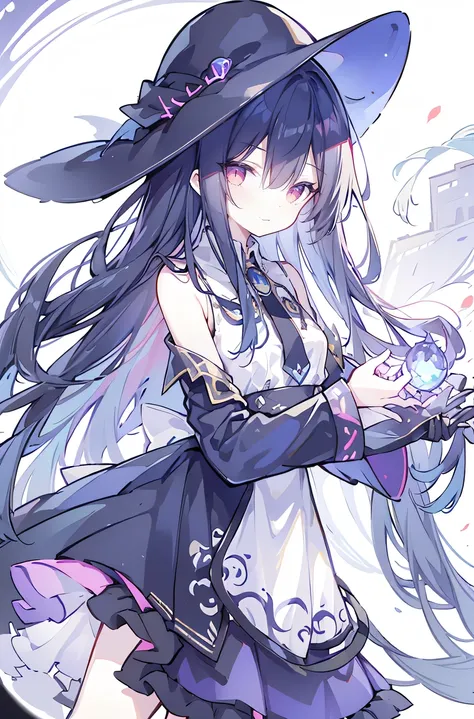 oung girls,humanity,a magician always smiles,big witch hat,cute,dark blue long hair,the eyes are dull,the bangs are heavy,thin e...