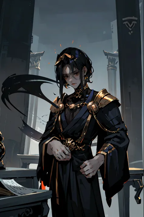 1man, alone, solo, lonely, black hair, mid lenght hair, cheveux mi-courts, short hair, black eyes, insister sur le visage, well detailed face, well lit face, cheveux noirs, black costume, black tuxedo, costume noir, classy outfit, black clothes, lazy man, ...