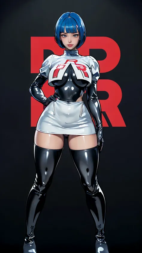 (masterpiece, Highest quality, In 8K, Very detailed, High resolution, Realistic:1.2), (Accurate Team Rocket uniforms drawn in latex material:1.3), (smilingly, Narrow-eyed Japanese face:1.2), (Blue Hair, Hairstyle is bowl cut:1.2), (Cowboy Shot, Shooting fr...