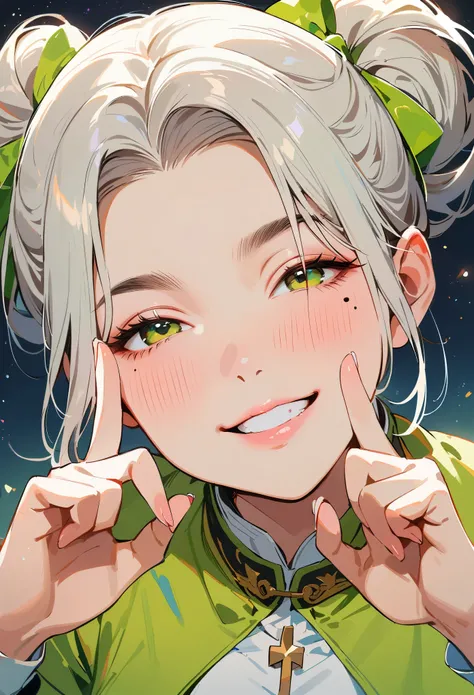 (masterpiece, best quality:1.4), 1 girl, 独奏, Star pupil, Blurred eyes, Close your left eye, Smile, Look up and down, peace gesture, Right tear mole, (Green double ponytail hairstyle:1.2),  Royal sister, large breasts, Vest, Midnight starry sky background.