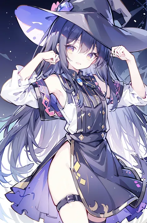 oung Girls,Humanity,A magician always smiles,big witch hat,cute,dark blue long hair,The eyes are dull,The bangs are heavy,Thin eyebrows,fantasy,intake,Double teeth,Star Theme,Constellation pattern,Solid color clothetal decoration,cloak,A bit of a dark atmo...