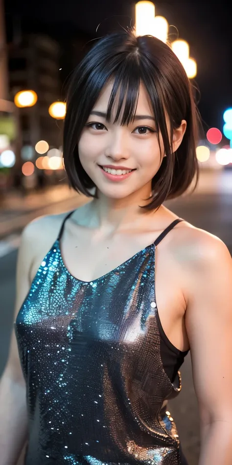 1 person, Tokyo Street,night, Streetscape,City lights,Upper Body,close,smile,, (8k, RAW Photos, Highest quality, masterpiece:1.2),(Realistic, photo-Realistic:1.37),