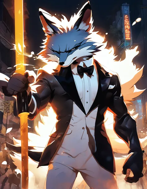 foxman,1man, muscular, fox face, big muscle, wear tuxedo, smoking, black hair, black ear fox, sun glasses, ((best quality)), ((masterpiece)), ((detailed)), (Phenomenal), ((Impressive)), (8K), Anime, Slice of Life, Minimal Plot, Everyday Life, Wash painting...