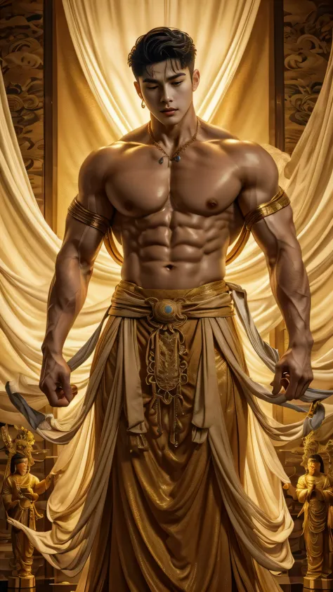 disconsolate，Ambient，artistic conception，large scene，The wind blew up the white curtains，Dattain lamps，Diffuse light，chest muscle，Shirtless, stubbles, Sideburns, musculature, Strong handsome korean  guy， a golden statue of handsome men god , multiple hands...