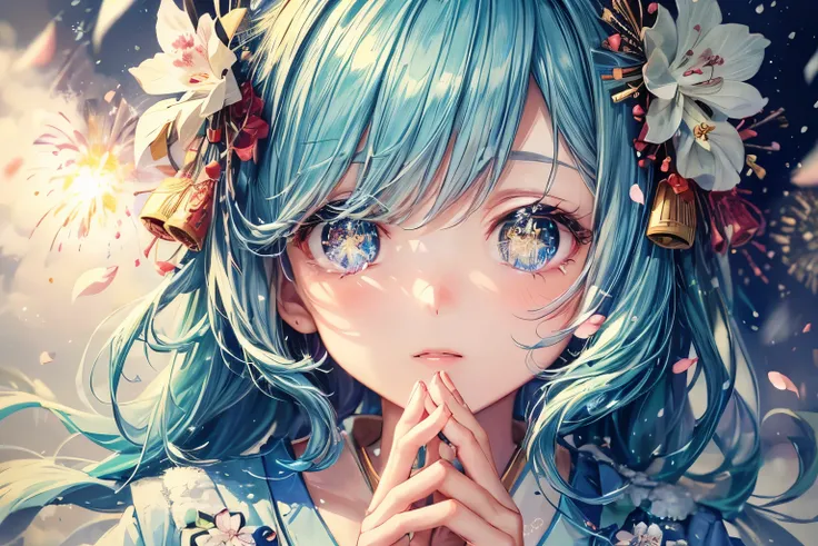 ｛Lowest Quality, Low Quality}, ((Girl)), Solo, (Close-up: 1.3), (Face Focus: 1.4), ((Half-up, Light blue Hair)), Clear Eyes and Plump Lips, Beautiful Light blue Eyes: 1.2), Speaking Heart, Praying Hands, (Perfect Hands: 1.3), (Traditional Japanese Costume:...