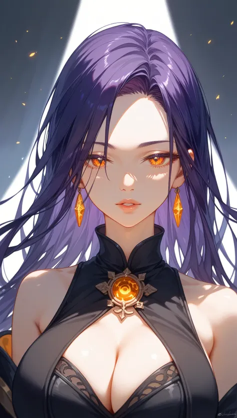 masterpiece, Score_9, Score_8_up, Score_7_up, front view, 1 woman, alone, dark purple hair, long hair, hair tied, no bangs, yellow orange eyes, beautiful eyes, detailed eyes, narrowed eyes, silent lips, no expression, skin smooth, big breasts, cool dark bl...