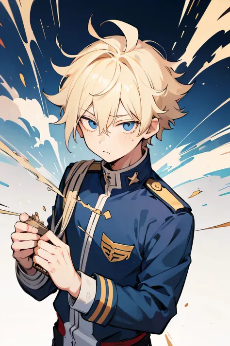 1boy, blonde hair, blue eyes, messy hair, short hsir, UA high uniform, my hero academia uniform, school uniform