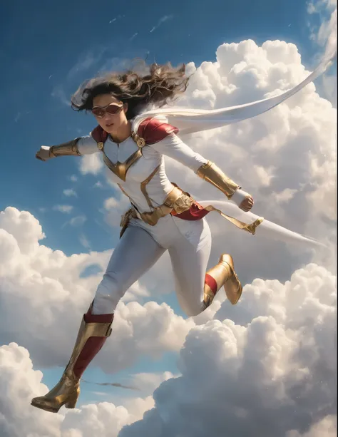 Wonderwoman is flying on a bright cloud