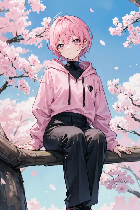 Sitting at the base of the cherry blossom tree、Pink short hair、Wearing a pink hoodie, a black turtleneck, and black long pants.、youth、man、male