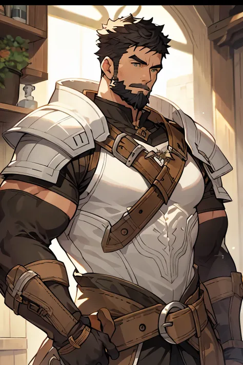 Masterpiece, Best Quality, Ultra-Detailed, 1man, male, manly male, alpha male, old mature muscular male, black hair, very short hair, black beard, green eyes, bright eyes, very beautiful and detailed eyes, very detailed eyes, 36 years old, bara, muscular m...