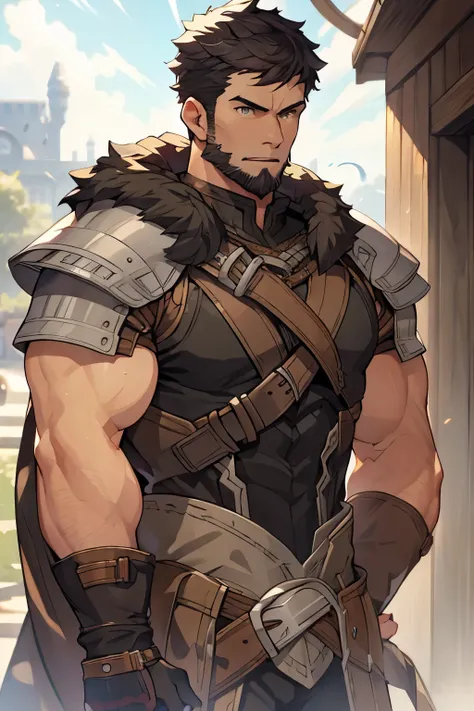 Masterpiece, Best Quality, Ultra-Detailed, 1man, male, manly male, alpha male, old mature muscular male, black hair, very short hair, black beard, green eyes, bright eyes, very beautiful and detailed eyes, very detailed eyes, 36 years old, bara, muscular m...