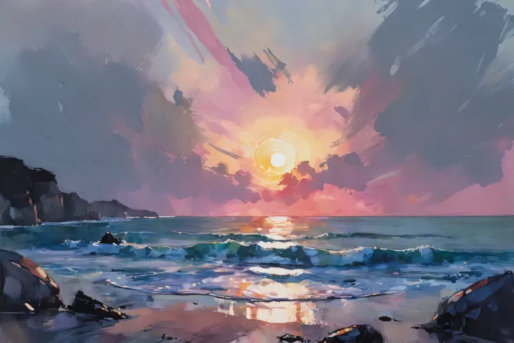 painting of a sunset over the ocean with rocks and a beach, abstract painting, inkpunk, broad brush stroke, smeared patterns, colors, random dripping paint, splashes, graphic portrait