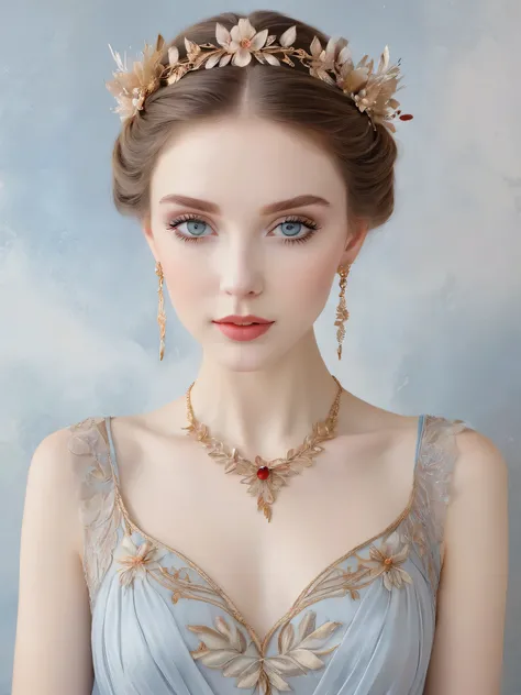 "An art nouveau style painting in soft pastel tones depicts a beautiful woman with pale eyes, detailed eyelashes and meticulously shaped eyebrows. Her face is exquisitely detailed, with a full mouth, almost pale skin accentuated by a soft blush. Her long b...