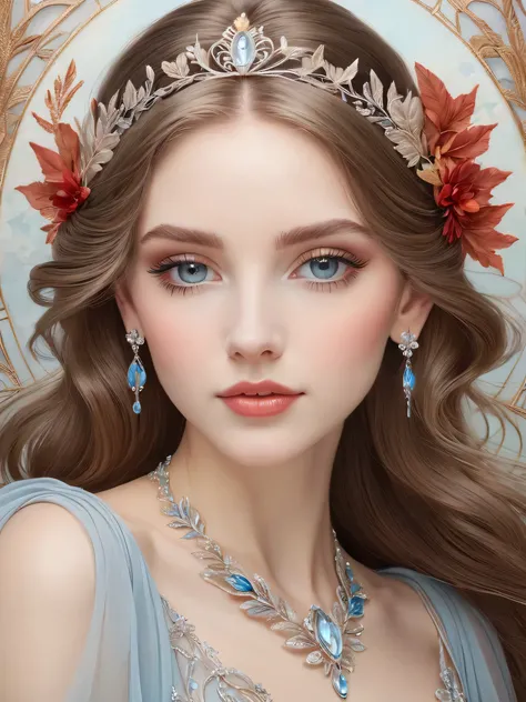 "An art nouveau style painting in soft pastel tones depicts a beautiful woman with pale eyes, detailed eyelashes and meticulously shaped eyebrows. Her face is exquisitely detailed, with a full mouth, almost pale skin accentuated by a soft blush. Her long b...