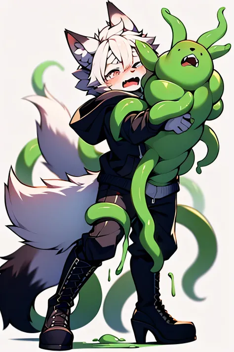 Show the whole body,Short white hair, ,alone,Wolf,Panting,My arms are grabbed by tentacles.,Open your mouth,Drooling,background:Tentacle nest,To be touched on the buttocks with tentacles,tears,Long trousers,the tail is fluffy, cute sleeved hoodie,Shota, Bl...