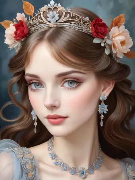"An art nouveau style painting in soft pastels depicts a beautiful woman with pale eyes, detailed eyelashes, and meticulously shaped eyebrows. Her face is exquisitely detailed, with a full mouth, almost pale skin accentuated by a soft blush. Her long brown...