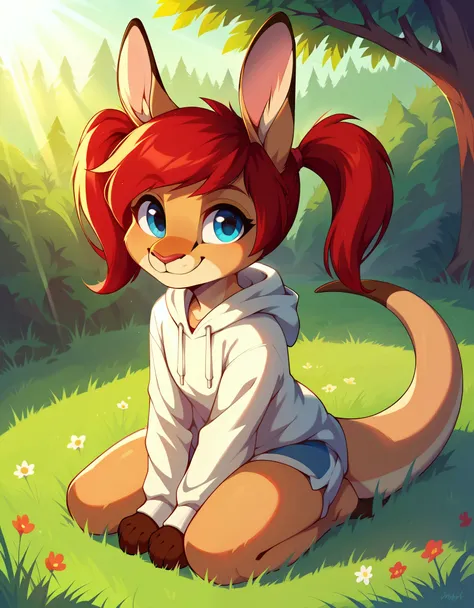 score_9, score_8_up, score_7, rating_ safe, source_furry, furry, camille_w, solo, red hair, twintails, blue eyes, hoodie, kangar...