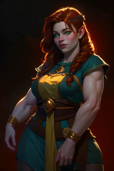 beautiful ginger ((dwarven woman)) in her 30s, with green eyes and striking features, exuding maturity and allure in a seductive pose.(dark-red background),(dwarf) female ,curvy, thick, chubby, short , small, beauty, ginger braided hair, 