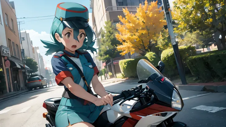 (high quality)(hd)(4k)officer jenny from the pokemon series, on top of a parked motorcycle, she is very angry.