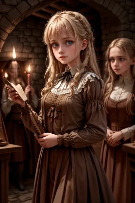 llustration of 15 years old Virginia Otis blonde hair blue eyes youngest cute face, from the Canterville Ghost, furtively observing a group of followers of the Goddess Freia who are celebrating a forbidden ritual inside a mysterious cave. We are sure that ...