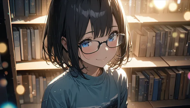 ((ultra-detailed))/(one women with short black hair and bob hair.、beautiful blue eyes,.、smile、gentle smile on her face、flat chest, one Beautiful girl,((masterpiece, illustration, best quality) ((ultra-detailed))/),at a quiet library at night,The character ...