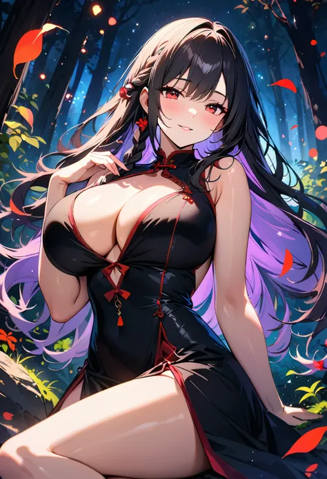 (best quality,4k,8k,high,masterpiece:1.2),ultra detail,beautiful girl,big breasts,mature,tall body,close up,seductive body,chinese style dress,lazily lying on a flat rock full of flowers,flying petals, seductive pose, colorful, magical forest, shiny partic...