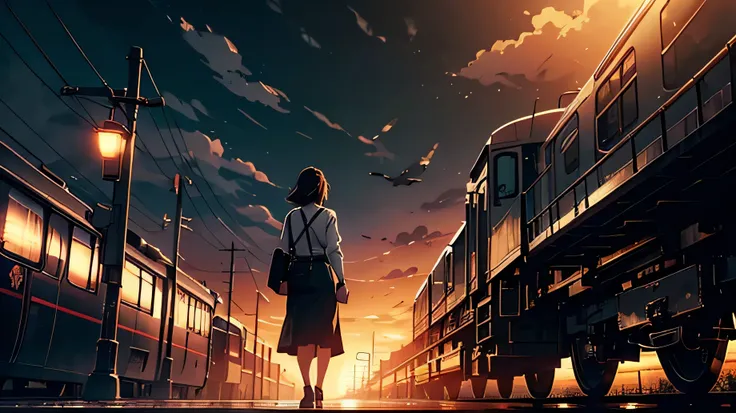 a woman looking at the horizon, wearing a shirt and holding a briefcase, night train station, imposing train, cinematic lighting, dramatic shadows, moody atmosphere, golden hour, dramatic clouds, soft focus, depth of field, vibrant colors, photorealistic, ...