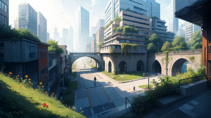 a futuristic and harmonious, yet empty city, the city blends with elements of nature, thus forming a beautiful landscape