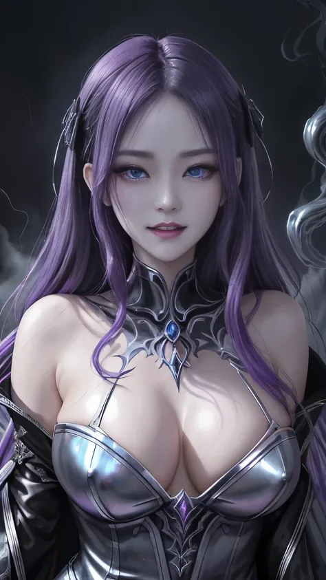 強力なスーパーevil女がクローズアップでポーズをとる, Black Goddess (Exposing shoulders), length, Flowing purple hair, View your viewers, Highly detailed face, Perfect hands, Blue smoke swirling around her, evil事を愛する, Captivating blue eyes, Dark fantasy, Genuine, Symmetric, Attent...