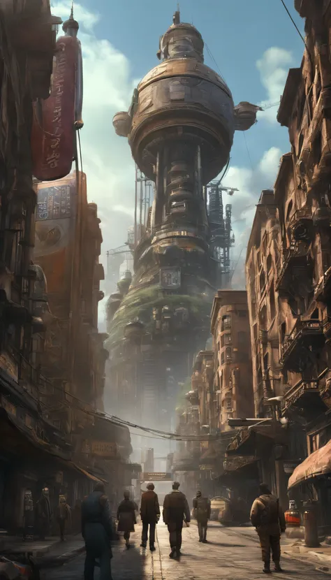 a group of people standing on top of a tall building, tekkon kinkret, tekkonkinkreet, tekkon kinkreet), brown cloak, scene from the movie Bladerunner, coruscant, diesel punk, cloudpunk, solarpunk style, platform science fiction, post-apocalyptic coruscant,...